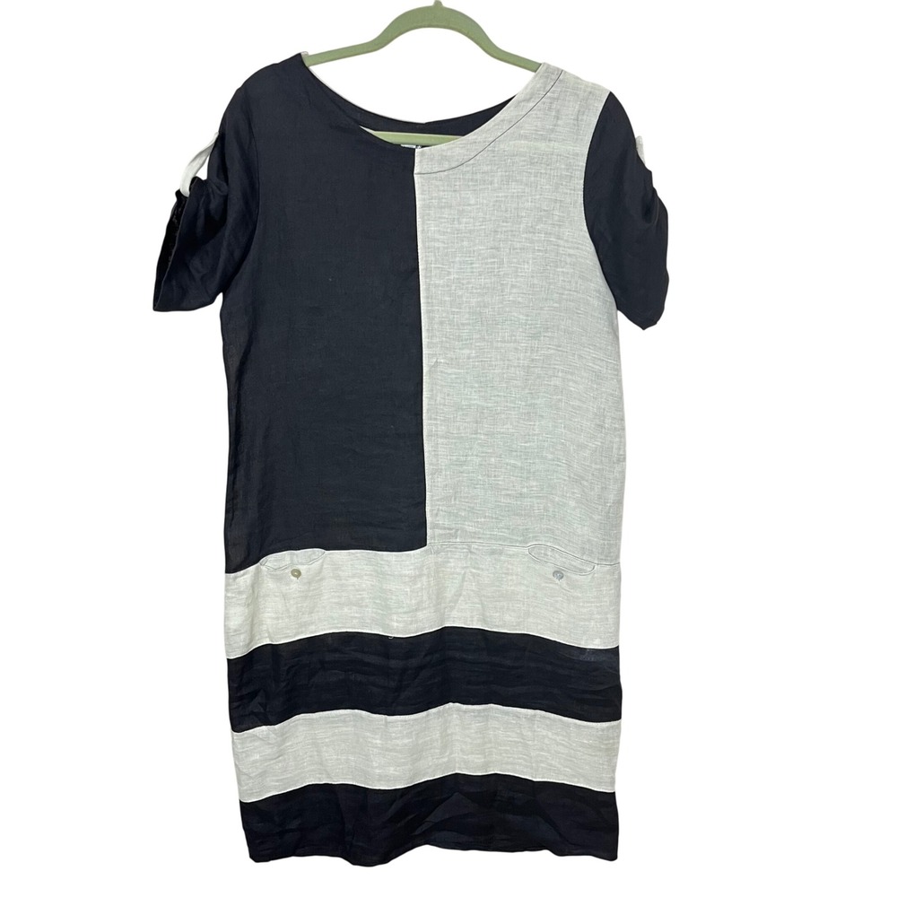 Ragazzi Italiani Color Block Black Beige Linen Midi Dress Size Medium